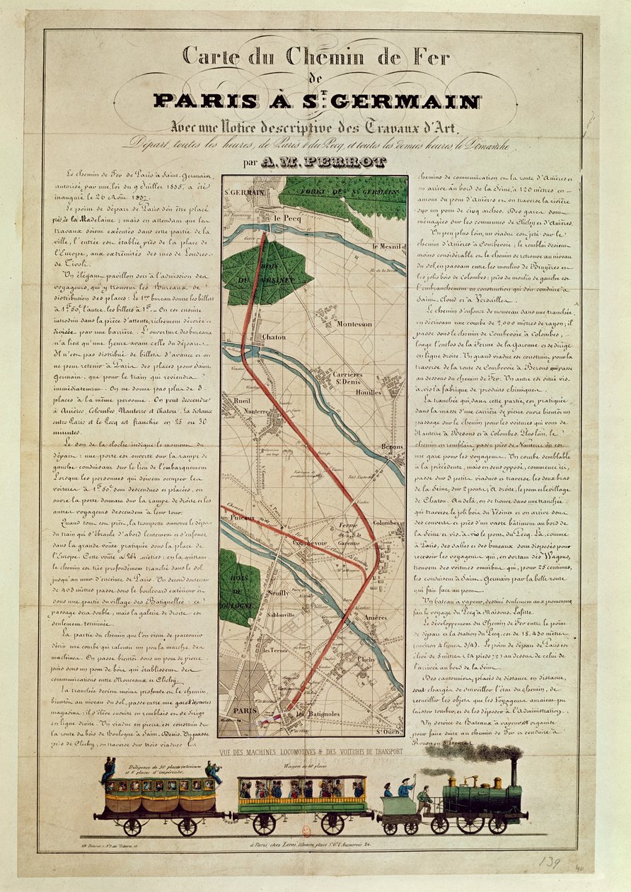 Mapa linii kolejowej z Paryża do St. Germain, autorstwa A.M. Perrot, 26 sierpnia 1837 autorstwa French School