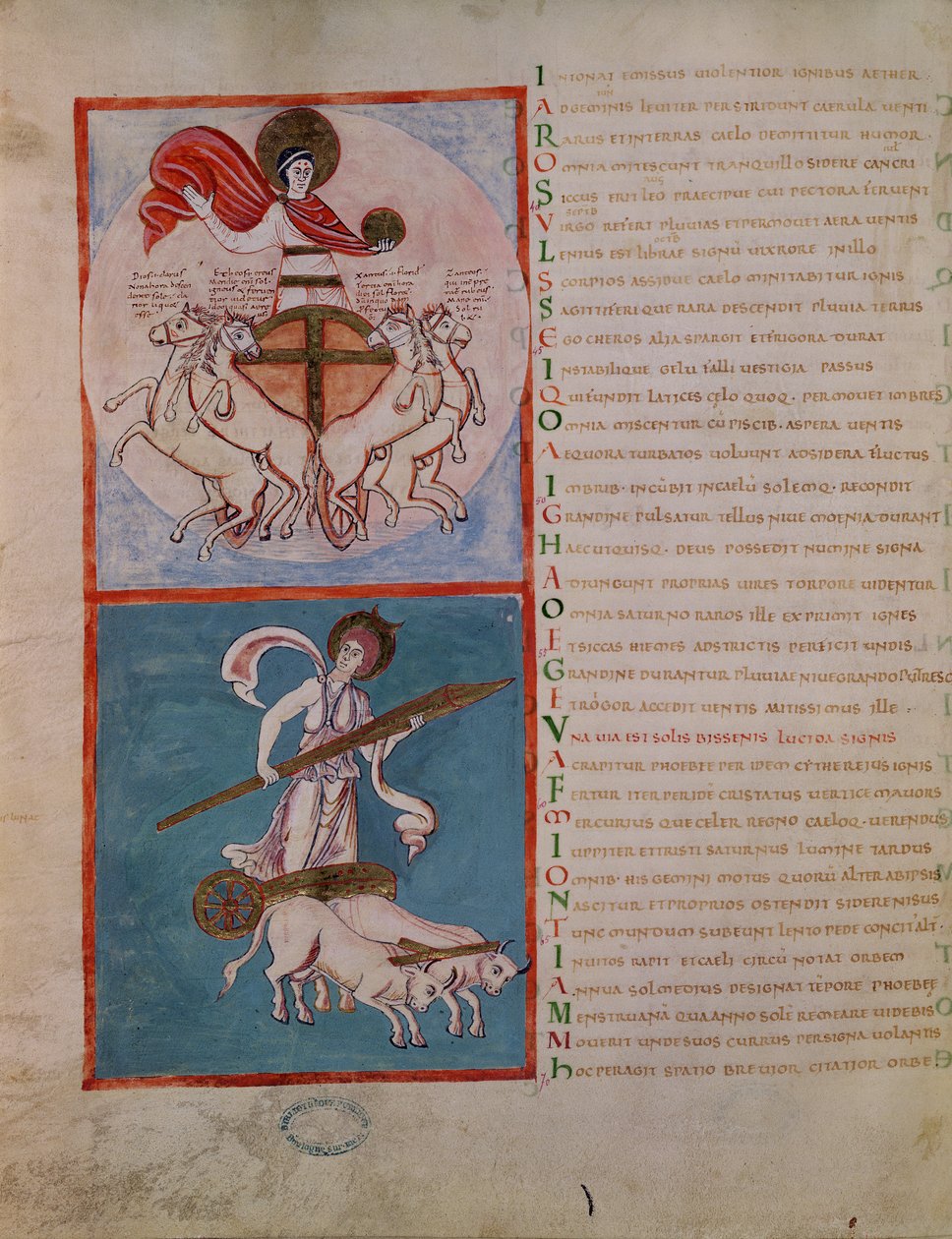 Ms 188 Fol.32v Apolonas kaip saulė ir Diana kaip mėnulis, iliustracija iš Aratos (apie 315–240 m. pr. Kr.) „Les Phenomenes“ apie 1000 m. autorstwa French School