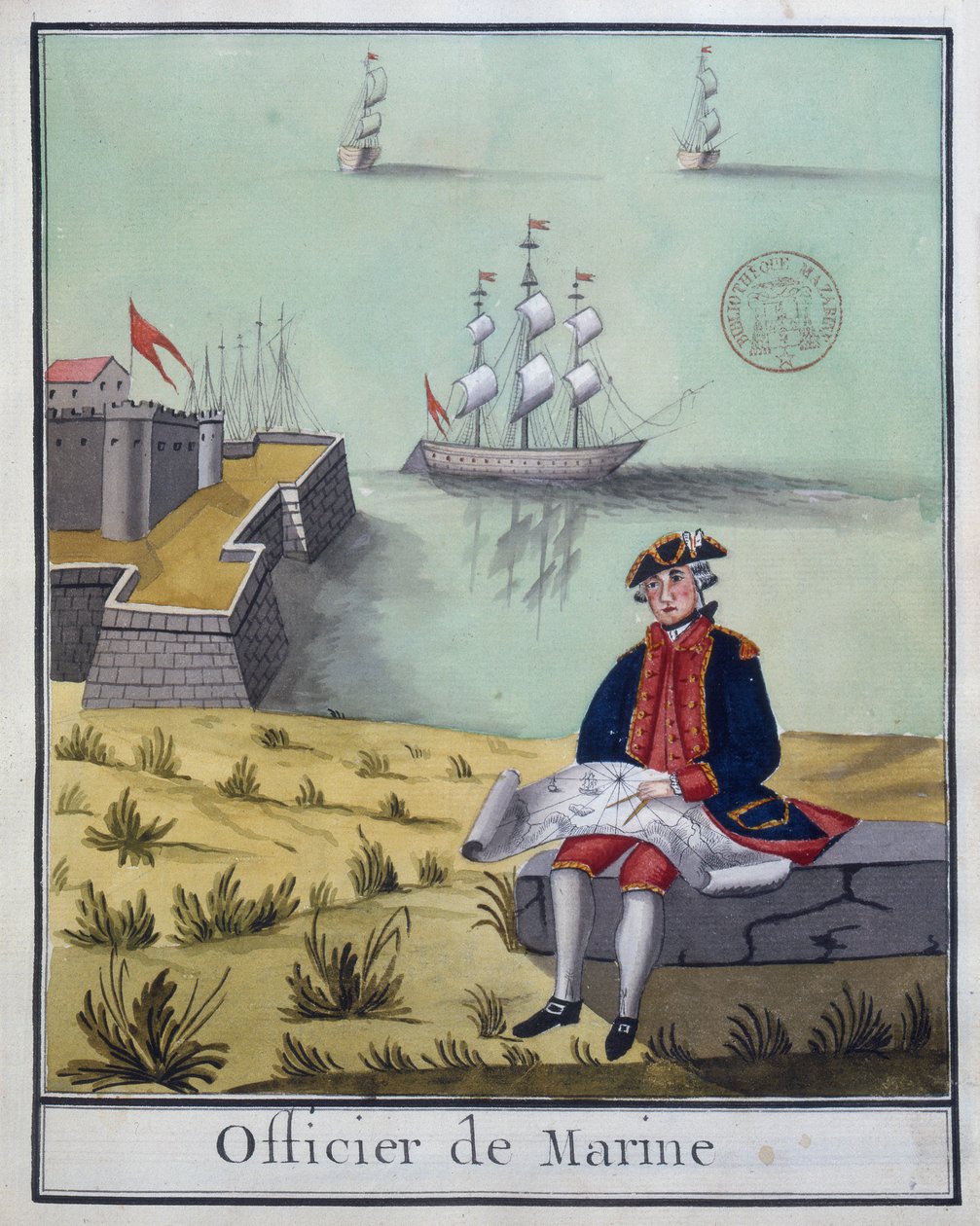 Ms 2848 Oficer Marynarki, z serii francuskich strojów wojskowych, 1768 (wc na papierze) autorstwa French School