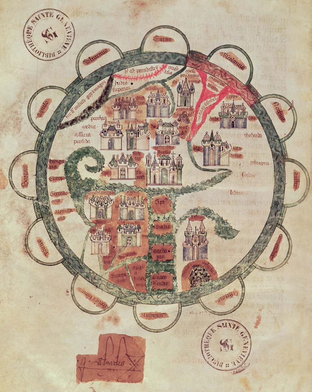 Ms 782 f.374v Mapa świata z Jerozolimą w centrum, z „Chroniques de St. Denis”, c.1275 autorstwa French School