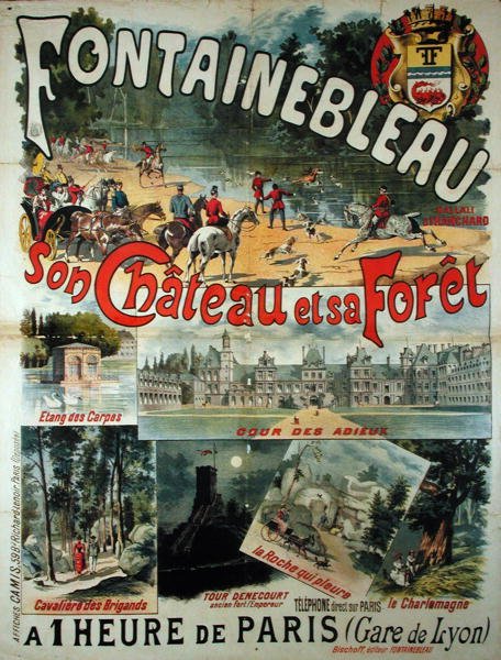 Plakat reklamujący zamek i las Fontainebleau autorstwa French School