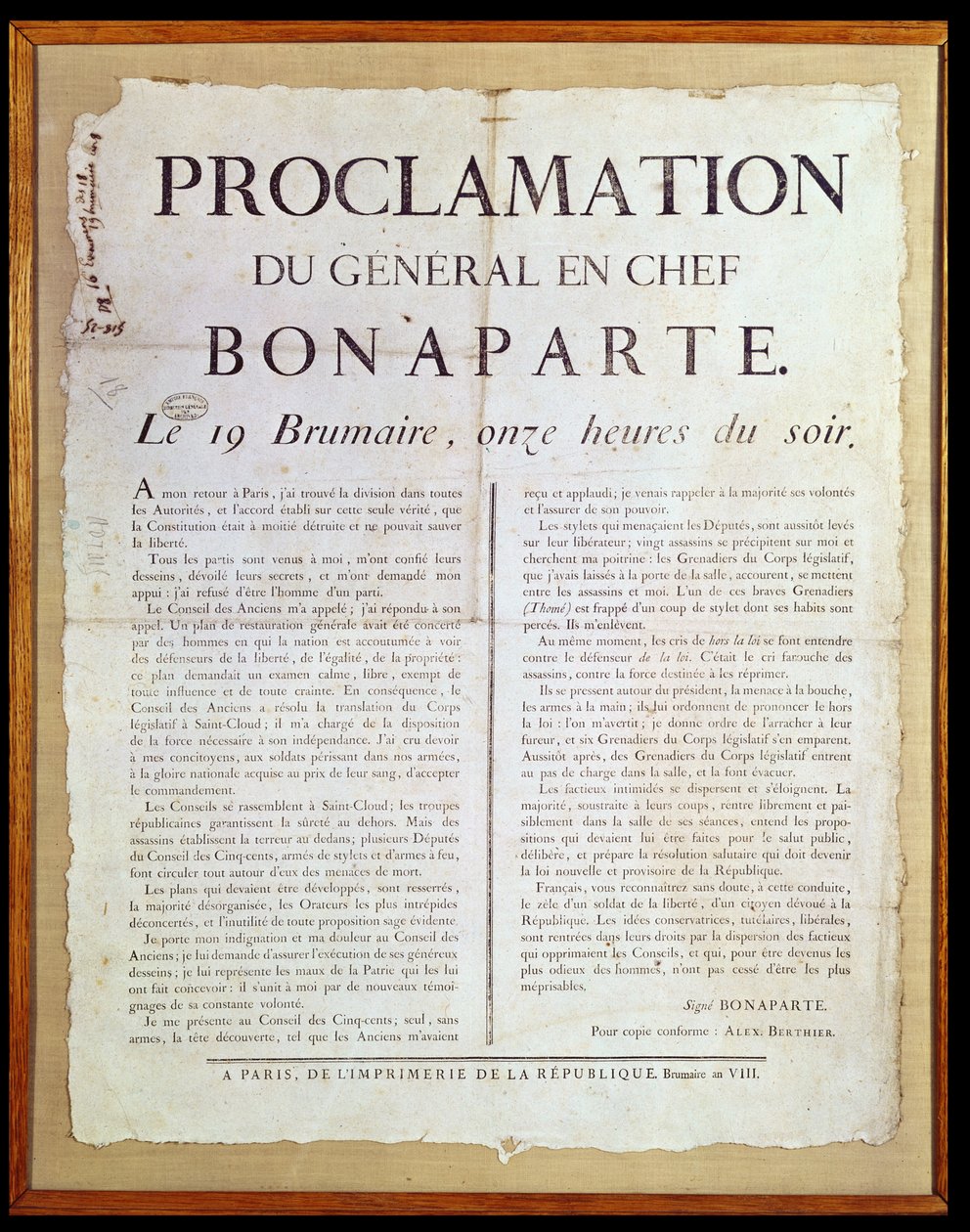 Proklamacja Napoleona I (1769-1821) 19 Brumaire An 8 (10 listopada 1799) autorstwa French School