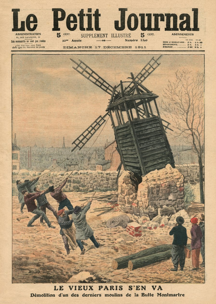 Zburzenie jednego z ostatnich wiatraków na Butte Montmartre, ilustracja z „Le Petit Journal”, dodatek illustre, 17 grudnia 1911 autorstwa French School