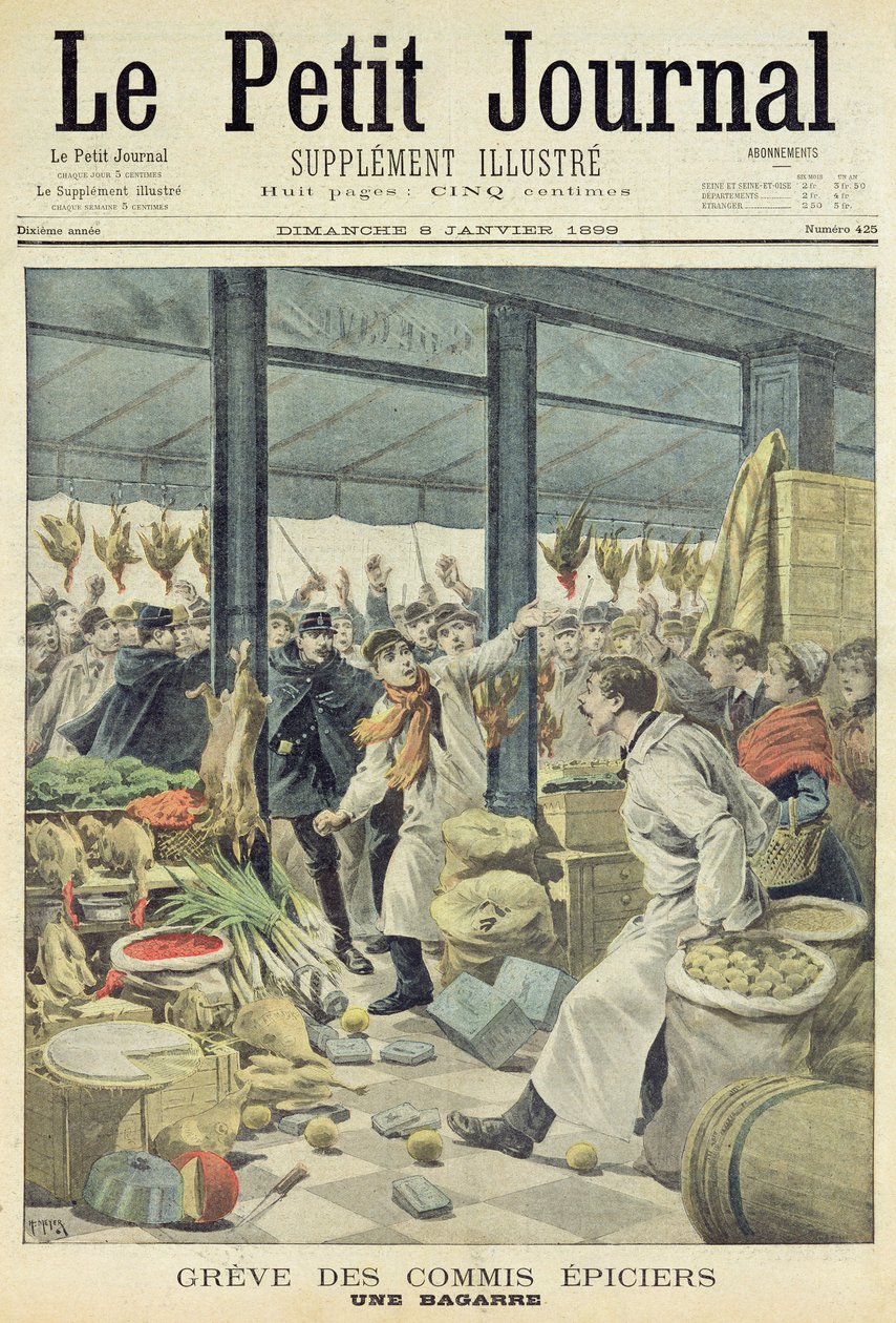 Strajk kupców, bójka, strona tytułowa z „Le Petit Journal”, 8 stycznia 1899 (kolorowe grawerowanie) autorstwa French School
