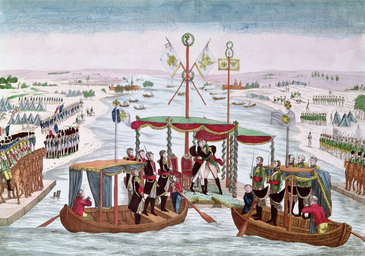 Spotkanie Napoleona I (1769-1821) z carem Aleksandrem I (1777-1825) pod Niemnem, 25 czerwca 1807 autorstwa French School