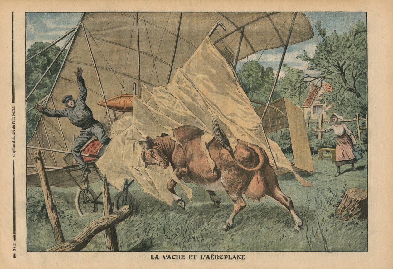 Krowa i samolot, ilustracja z "Le Petit Journal", supplement illustre, 25 września 1910 r. autorstwa French School