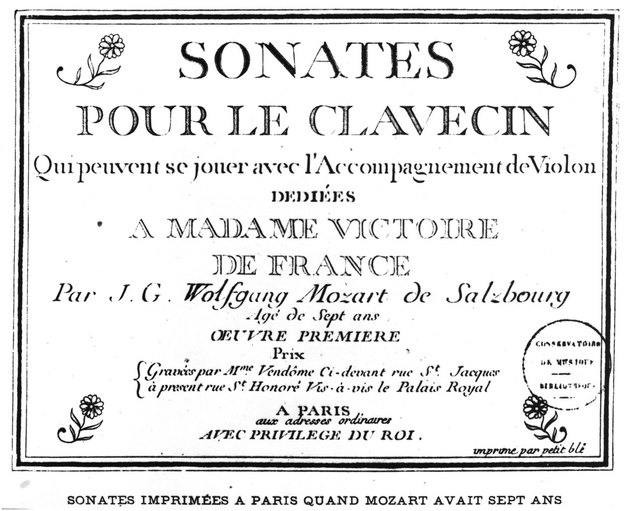 Strona tytułowa „Sonatas pour le klawesyn” dedykowanej Madame Victoire de France (1733-99) Mozarta (1756-91), wydanej w Paryżu w 1764 roku autorstwa French School