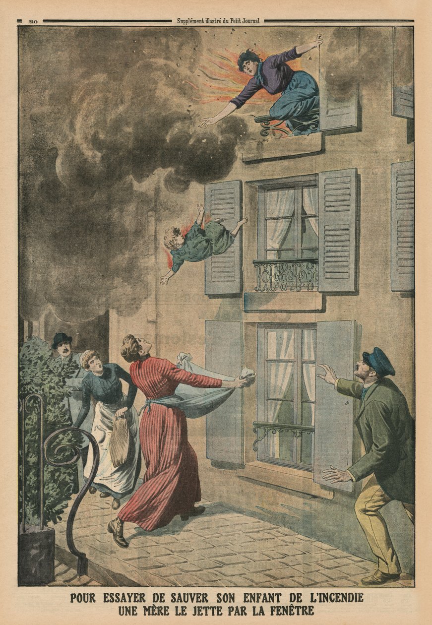 Matka próbując ratować dziecko przed ogniem, wyrzuca je przez okno, ilustracja na tylnej okładce z „Le Petit Journal”, dodatek ilustr., 9 marca 1913 autorstwa French School