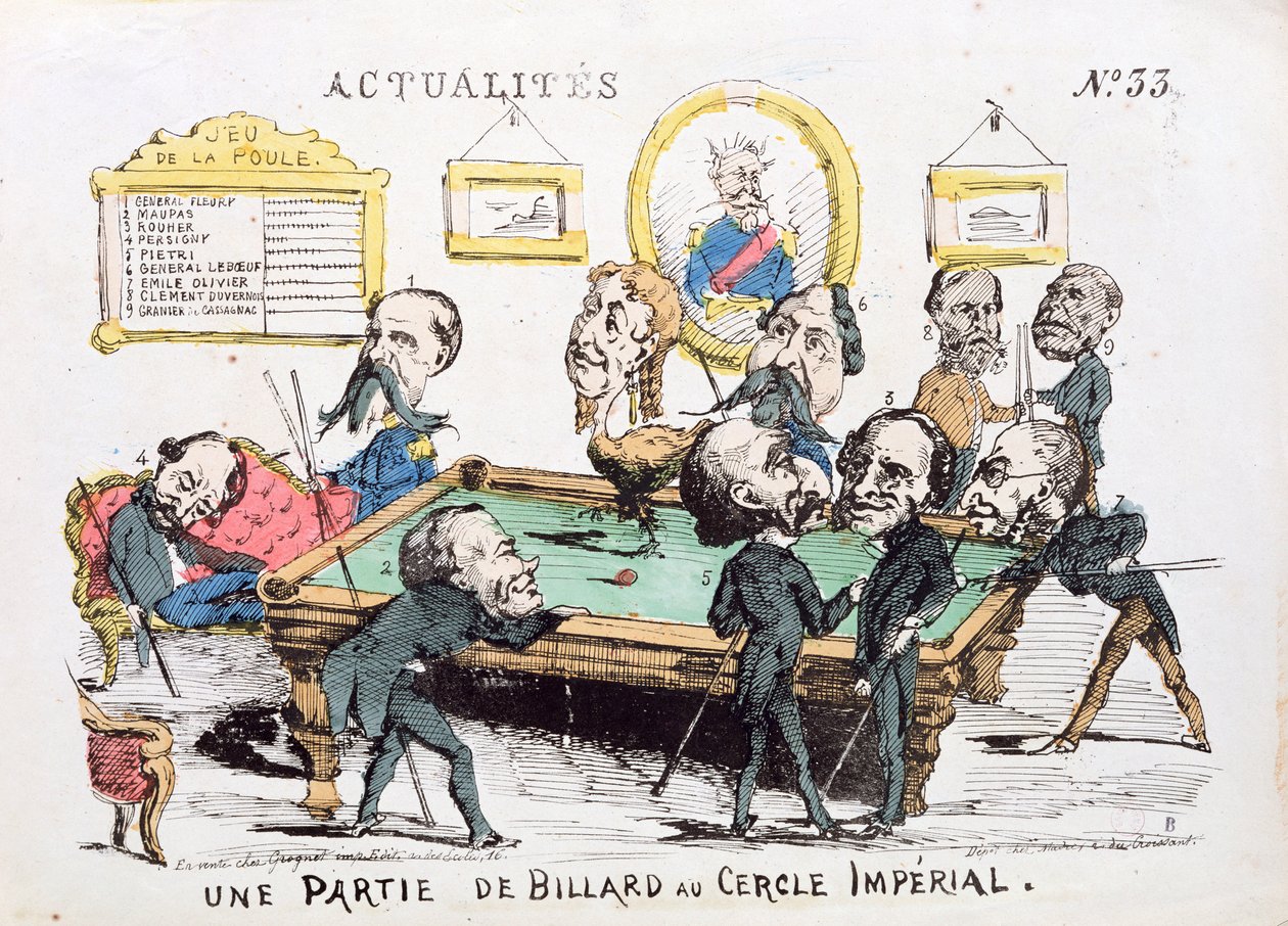 „Une Partie de Billard au Cercle Imperial”, karykatura społeczeństwa Drugiego Cesarstwa, numer 33 „Actualites”, 1870 autorstwa French School