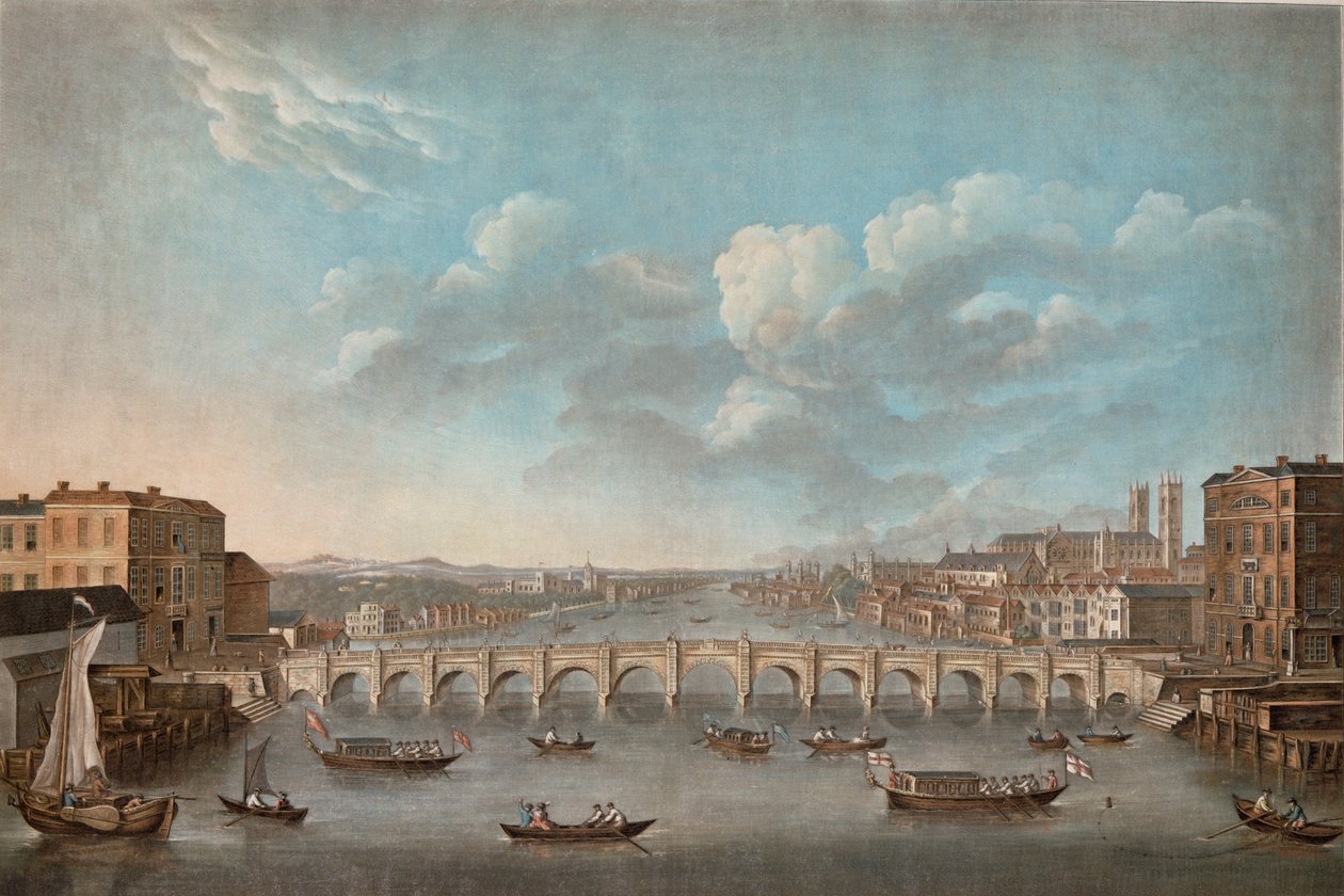 „Vue du Pont de Westminster”, patrząc na zachód, z oryginalnego obrazu w gabinecie Monsr T.M. Drouhin, 1799 autorstwa French School