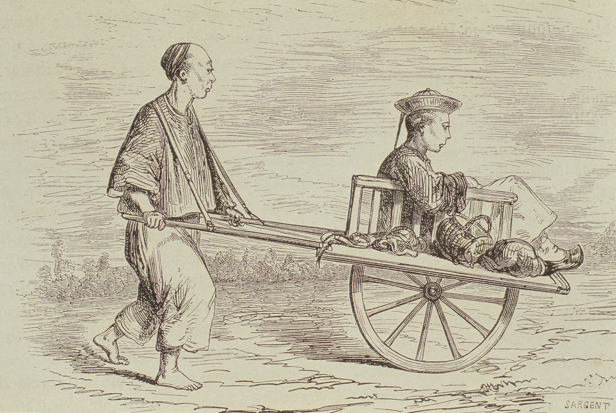 Taczki Taxi w latach 50. XIX wieku, Chiny, rytowane przez Alfreda Louisa Sargenta (ur. 1828) z „Le Tour du Monde”, wydanego w Paryżu, lata 60. XIX wieku autorstwa French School
