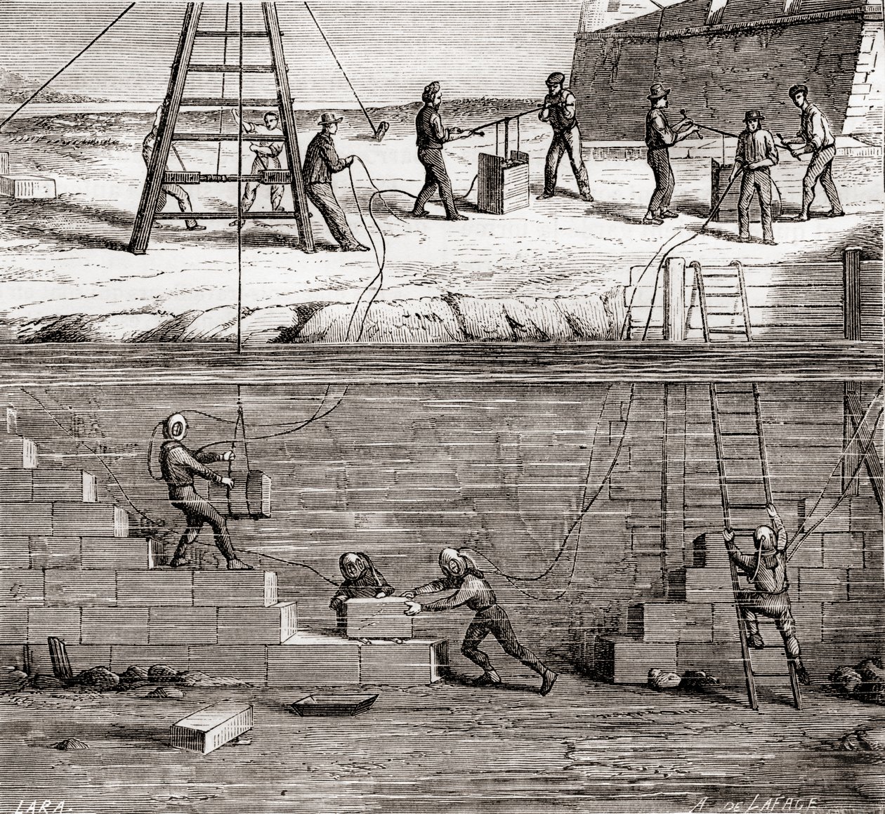 Robotnicy w skafandrach nurkowych pracujący przy konstrukcjach podwodnych w XIX wieku, z Les Merveilles de la Science, wydana ok. 1870 r. autorstwa French School