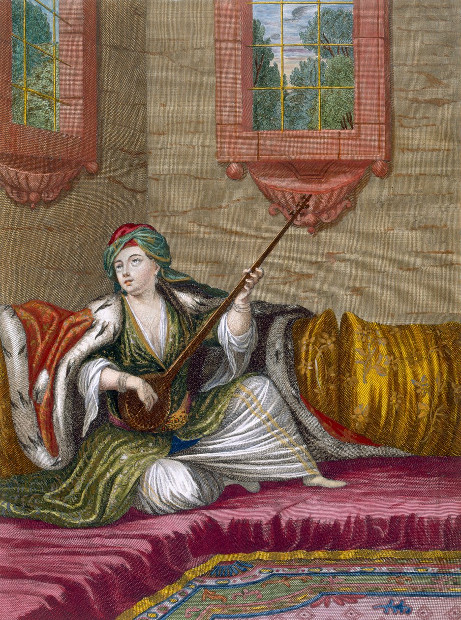 Turecka dziewczyna grająca na Tehegour, ok. 1708 r. autorstwa French School