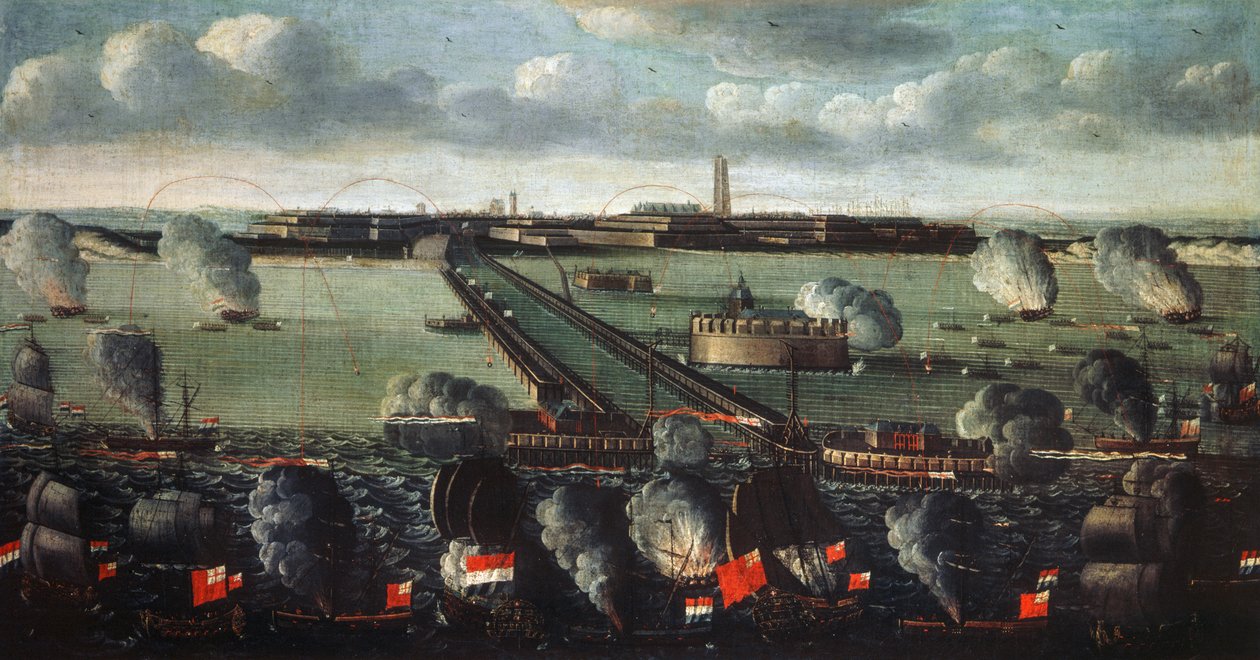 Anglo-holenderska flota bombarduje Dunkierkę w 1695 r. autorstwa French School