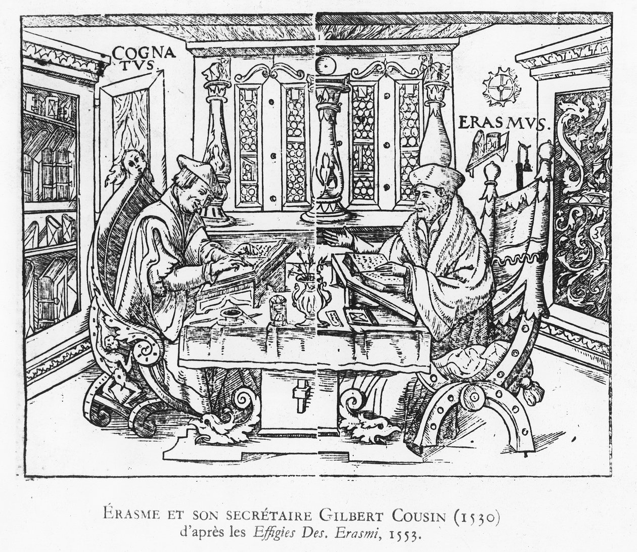 Erazm i jego sekretarz Gilbert Cousin (drzewryt) autorstwa French School