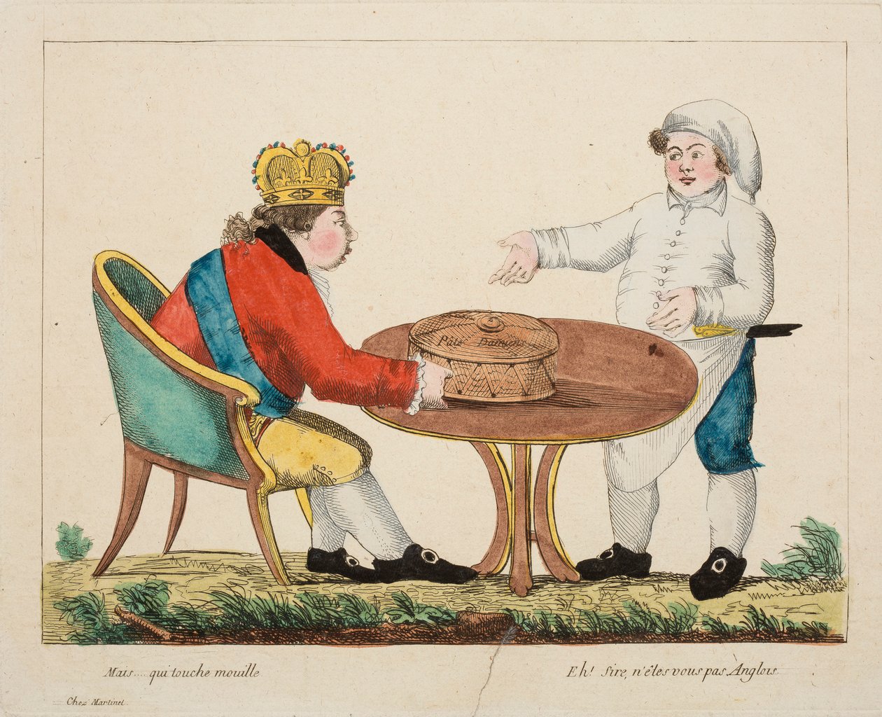 Ale... kto dotyka mokrego, ok. 1803-4 (kolorowy grawerunek) autorstwa French School