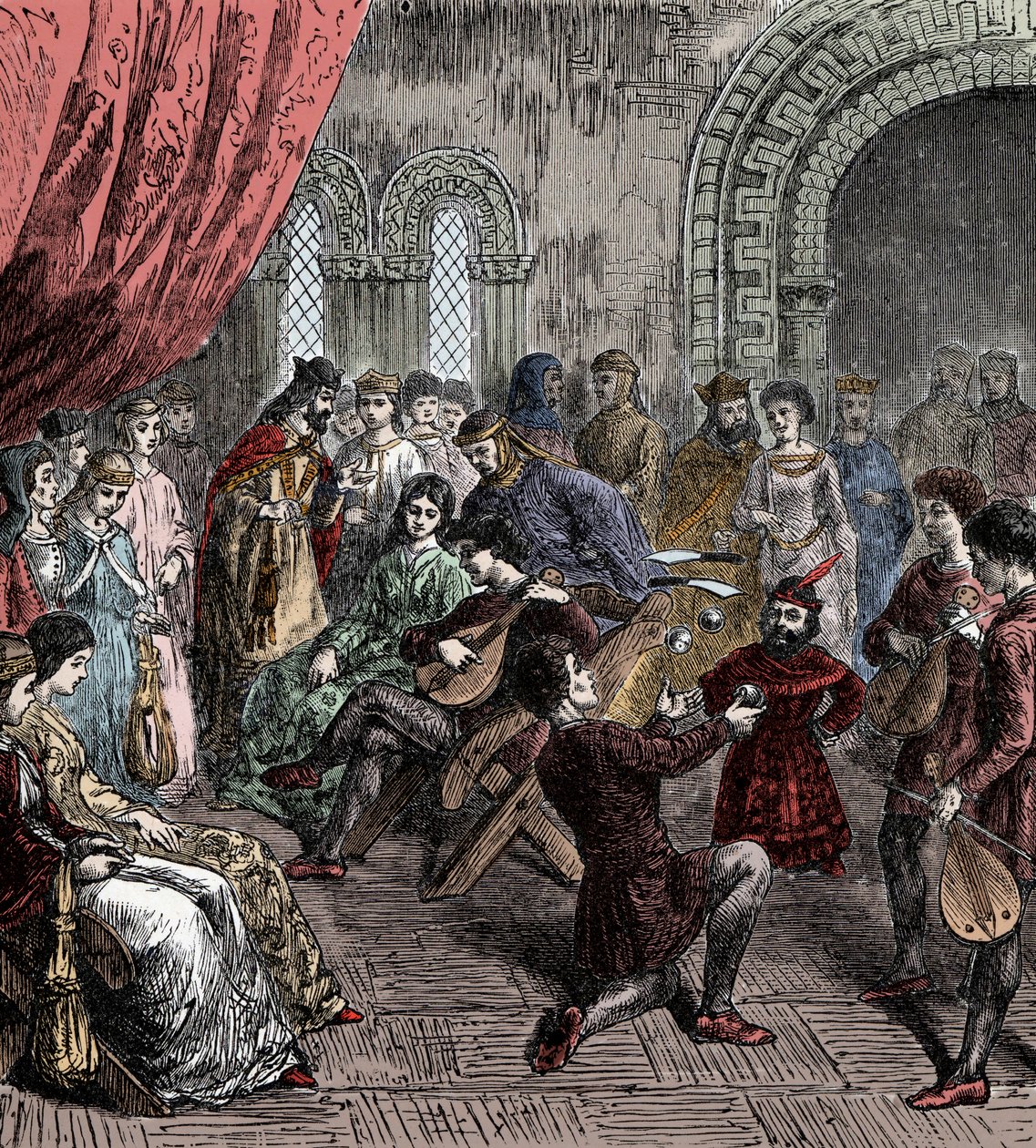 Minstrels and Jugglers at Court (ręcznie barwiony grawerunek) autorstwa French School
