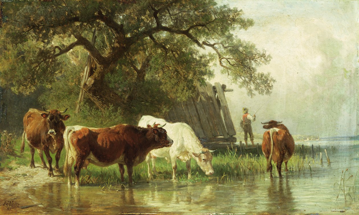 Pojenie bydła w krajobrazie rzecznym, XIX w. autorstwa Friedrich Johann Voltz