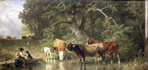 Podlewanie bydła w leśnym stawie autorstwa Friedrich Johann Voltz