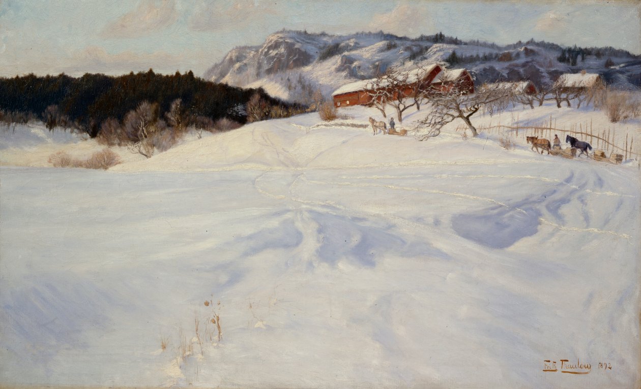 Śnieżna scena z saniami, Fleksum autorstwa Fritz Thaulow