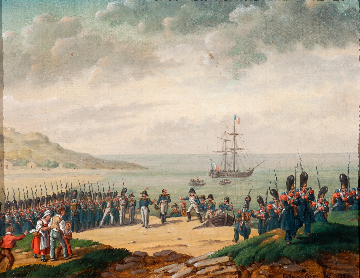 Napoleon wysiadający z samolotu w Cannes w 1815 r., 1835 r. autorstwa G. Beaufort