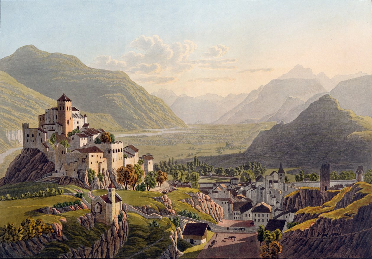 Widok Syjonu, ilustracja z Voyage Pittoresque de Geneve a Milan, opublikowana w Bazylei, 1819 autorstwa Mathias Gabriel Lory