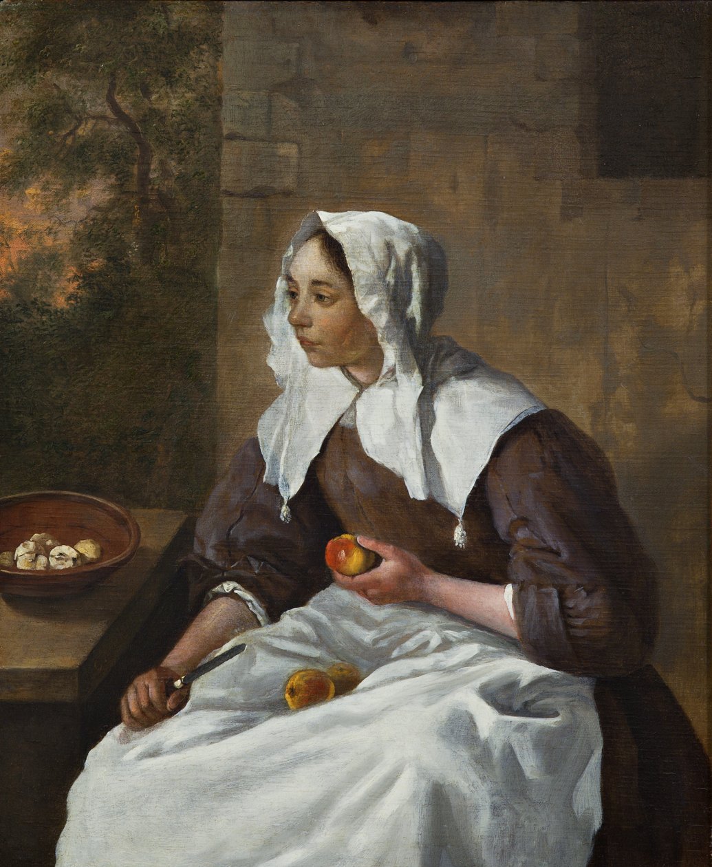 Dziewczyna obierająca jabłka (olej na panelu) autorstwa Gabriel Metsu