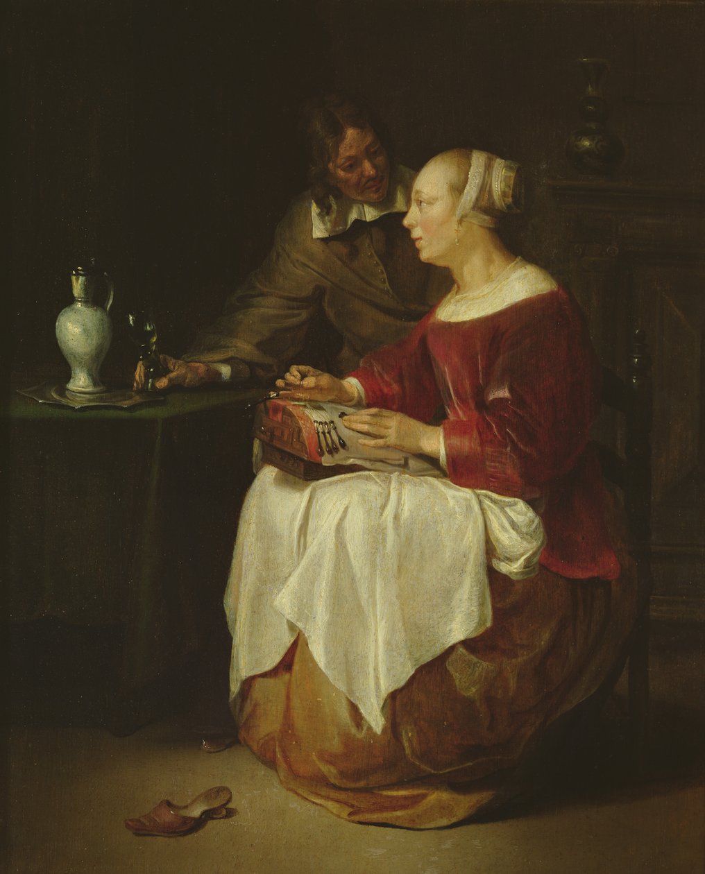 Koronczarka (olej na panelu) autorstwa Gabriel Metsu