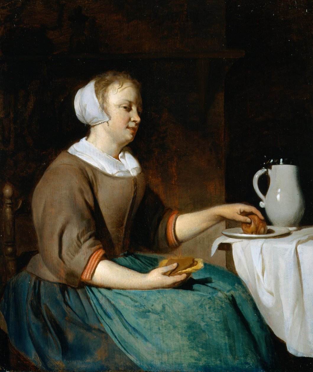 Młoda kobieta jedząca przy stole autorstwa Gabriel Metsu