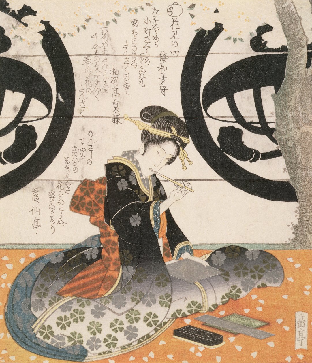 Beauty Viewing Flowers (kolorowy drzeworyt) autorstwa Gakutei Harunobu