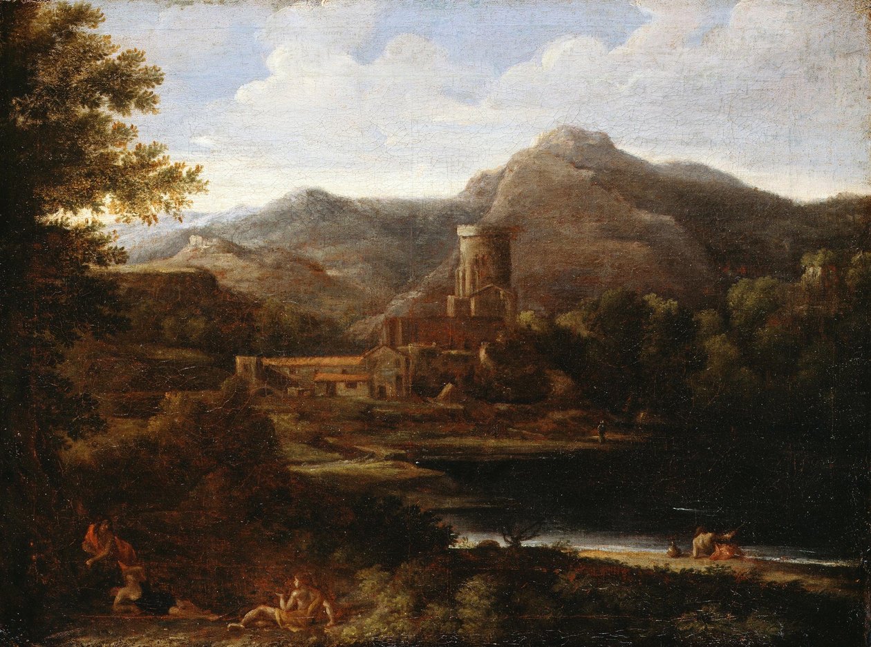 Wioska w pobliżu jeziora autorstwa Gaspard Poussin Dughet