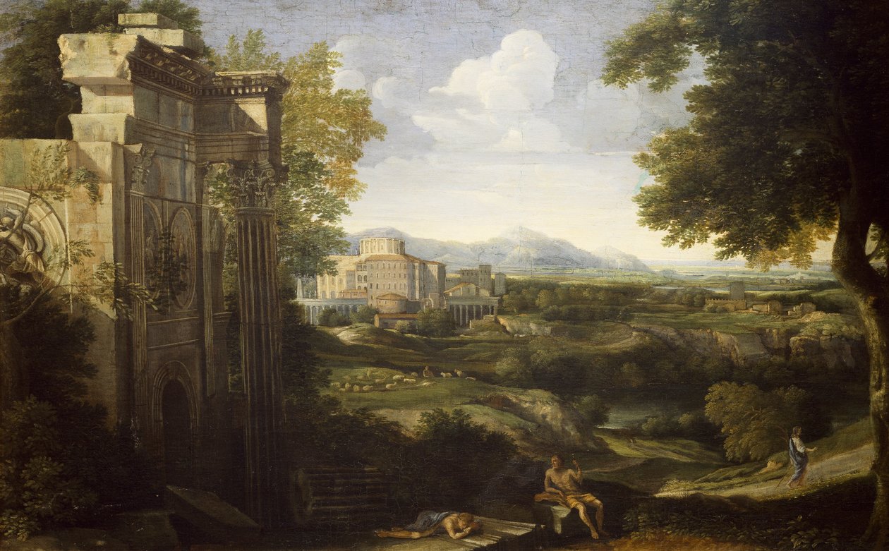 Балгас бүхий Италийн ландшафт autorstwa Gaspard Poussin Dughet