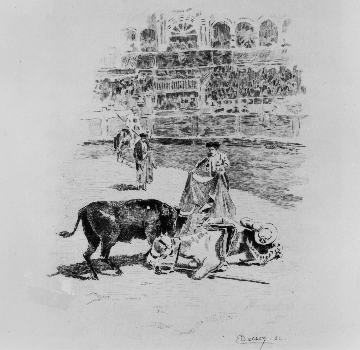 Upadek Picadora, ilustracja z Carmen autorstwa Prospera Merimee (1803-70) rytowana przez Eugene Decisy (1866-c.1936) autorstwa Gaston Vuillier
