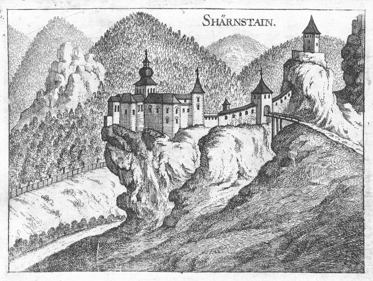 Grawer, widok na zamek Scharnstein, Górna Austria autorstwa Georg Matthaus Vischer