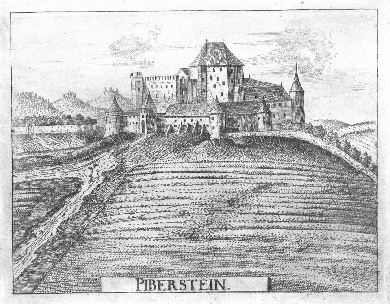 Miedzioryt, widok zamku Piberstein, Górna Austria autorstwa Georg Matthaus Vischer