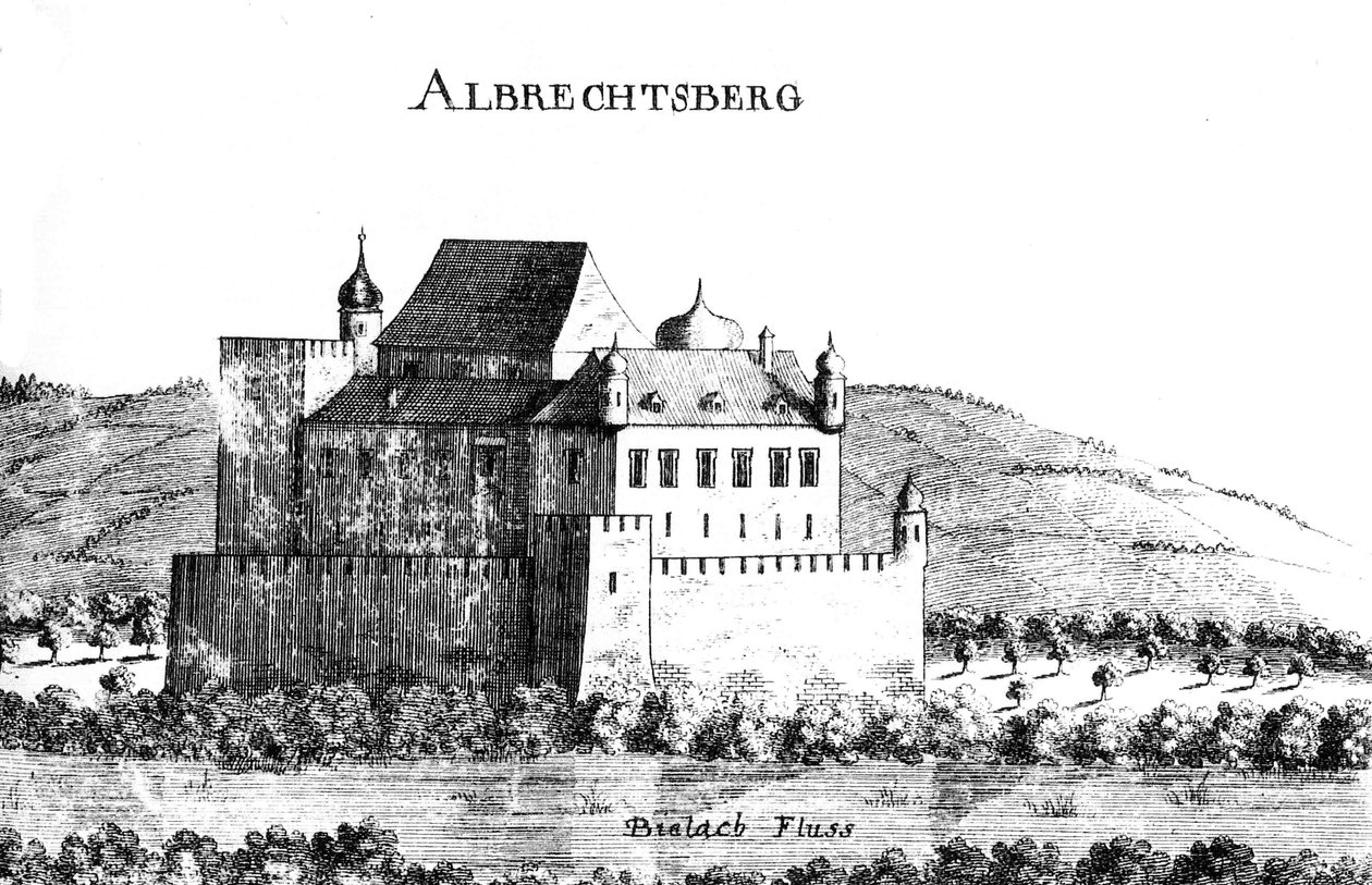 Grawerunek Vischerów przedstawiający zamek Albrechtsberg około 1672 r. autorstwa Georg Matthaus Vischer