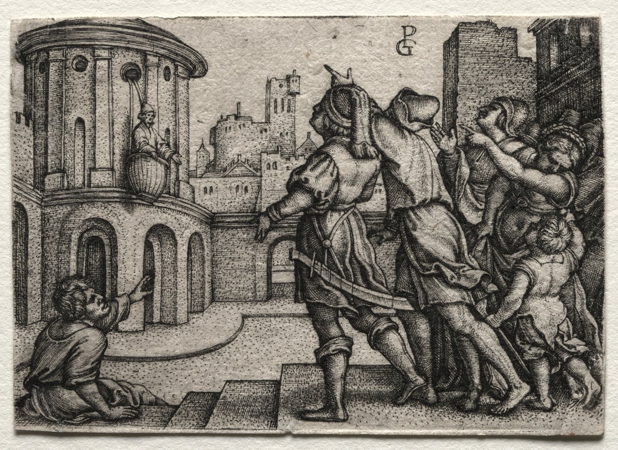 Wergiliusz wiszący w koszu, ok. 1541–42. autorstwa Georg Pencz