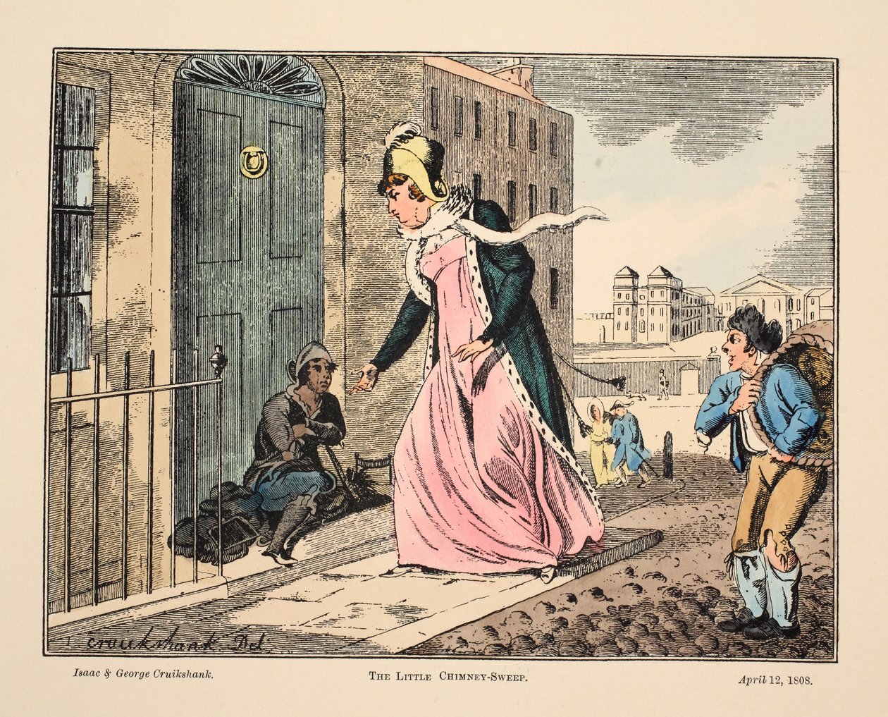 Mały kominiarz, wyd. 1808 (grawerowanie ręcznie kolorowane) autorstwa Isaac, Robert and George Cruikshank