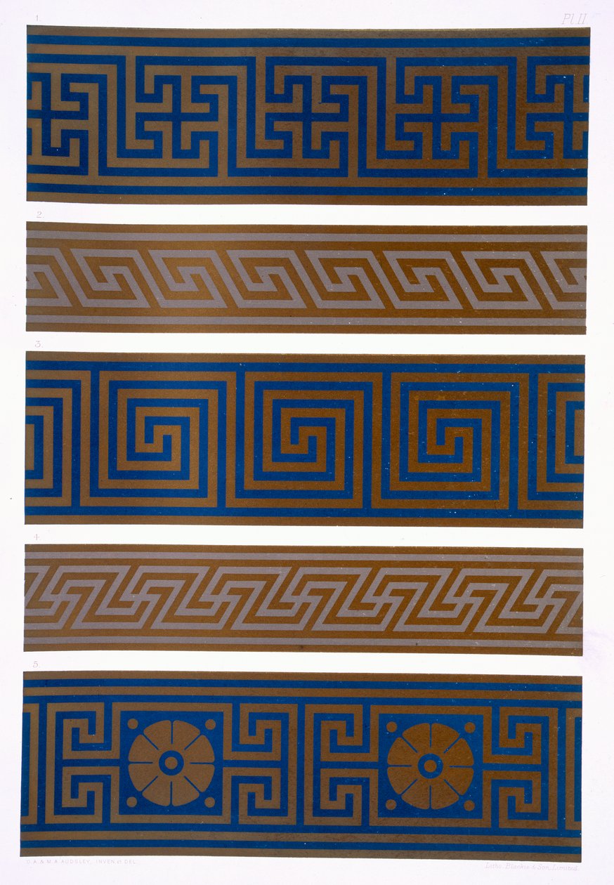 Ornament grecki: prążki lub bordiury w ciemności na jasnych i jasne na ciemnych kolorach, tablica II z „Praktycznego dekoratora i ornamentalisty”, opublikowana w 1892 r. autorstwa George Ashdown Audsley