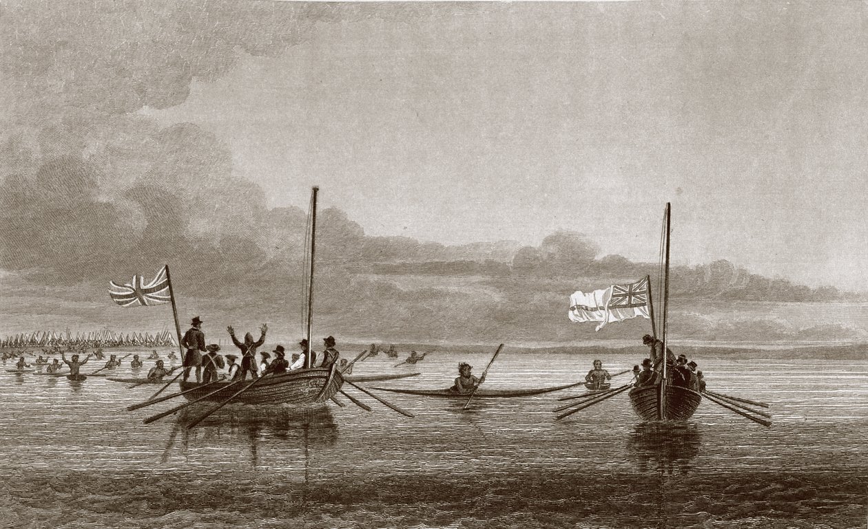 Eskimaux Coming Towards the Boats in Shoalwater Bay, 7 lipca 1826, z „Narracji o drugiej wyprawie do brzegów Morza Polarnego w latach 1825-27” autorstwa sir Johna Franklina (1786-1847) grawerowane autorstwa George Back