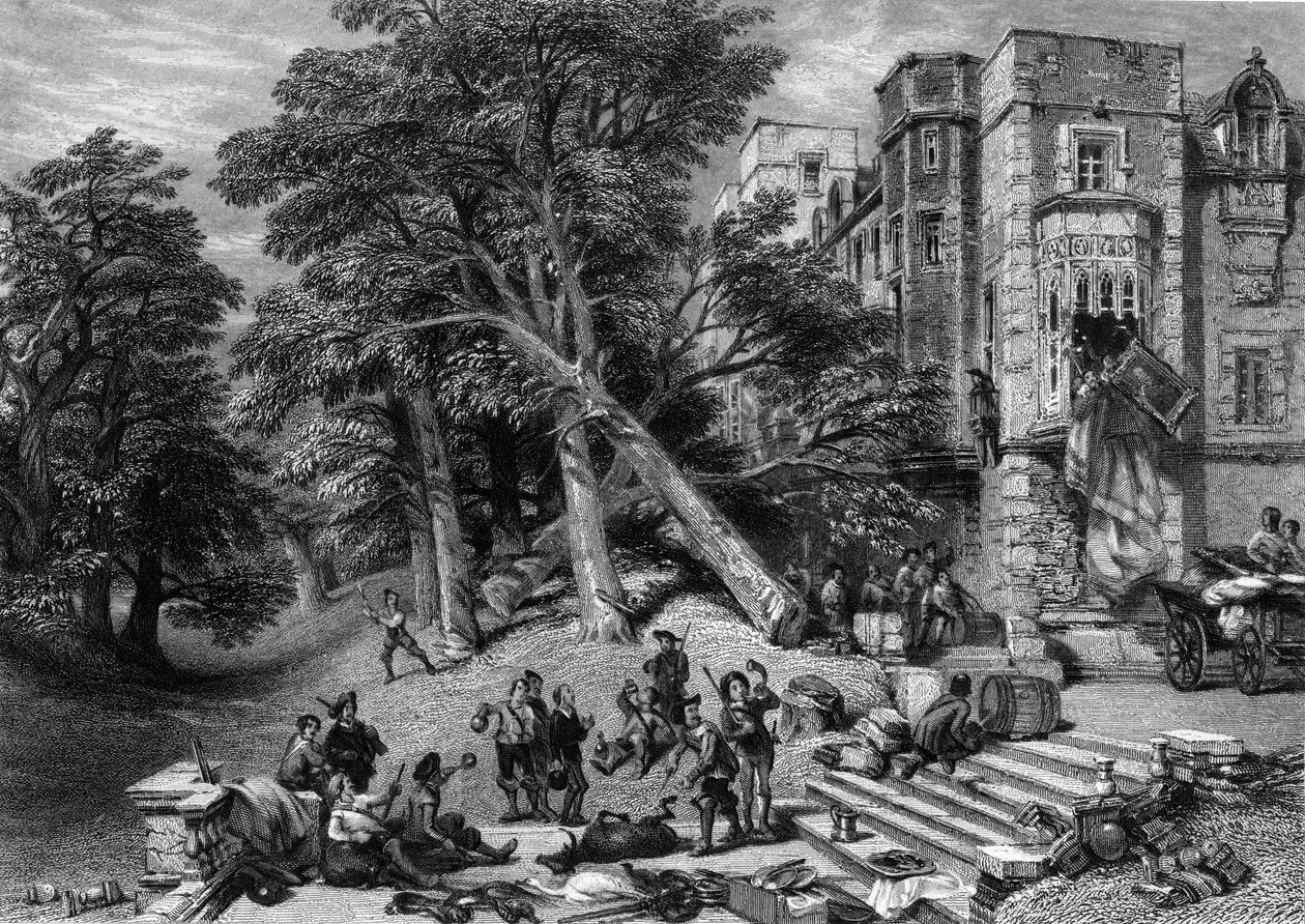 Zniszczenie majątku rojalistów, ryty R. Wallis, ok. 1860 autorstwa George Cattermole