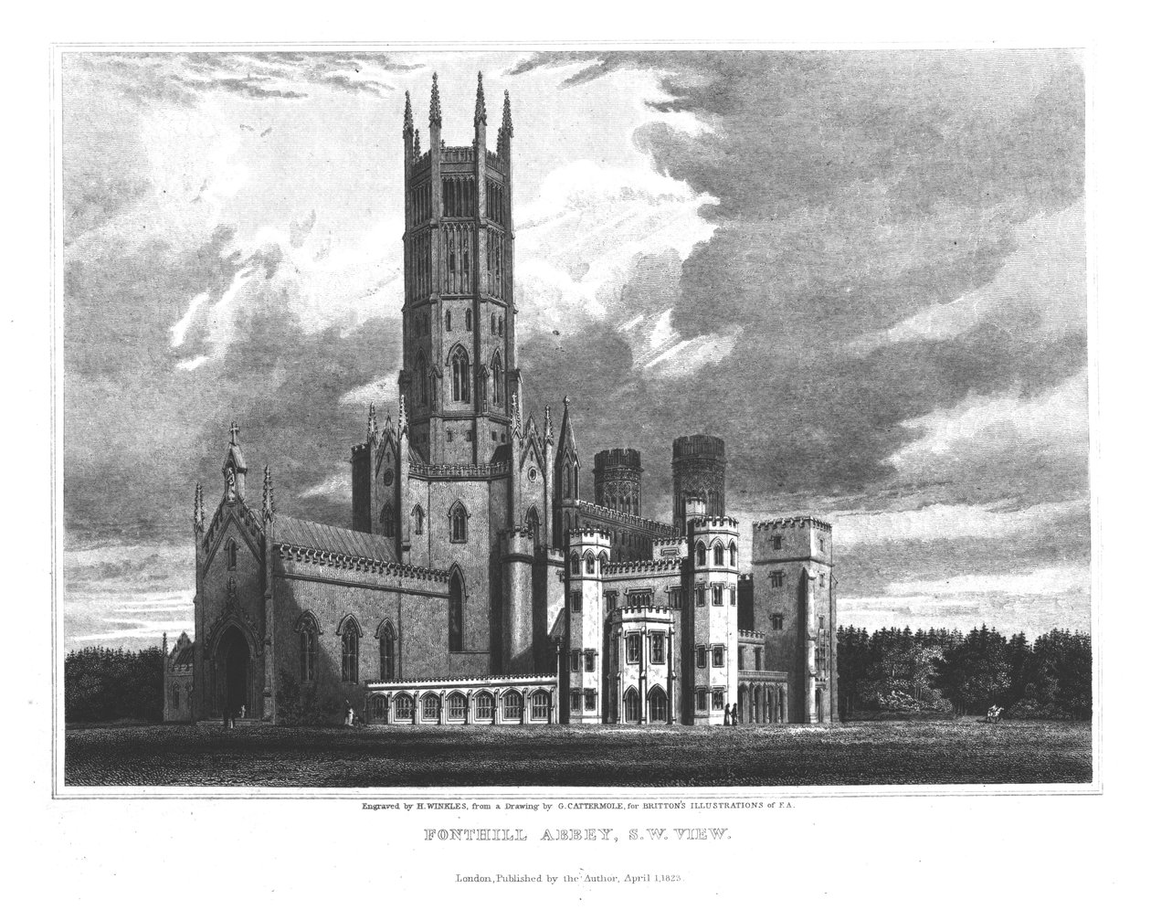 Opactwo Fonthill od południowego zachodu, z "Graficznych i literackich ilustracji opactwa Fonthill" autorstwa Johna Brittona, rytowane przez H. Wincklesa, 1823 r. autorstwa George Cattermole