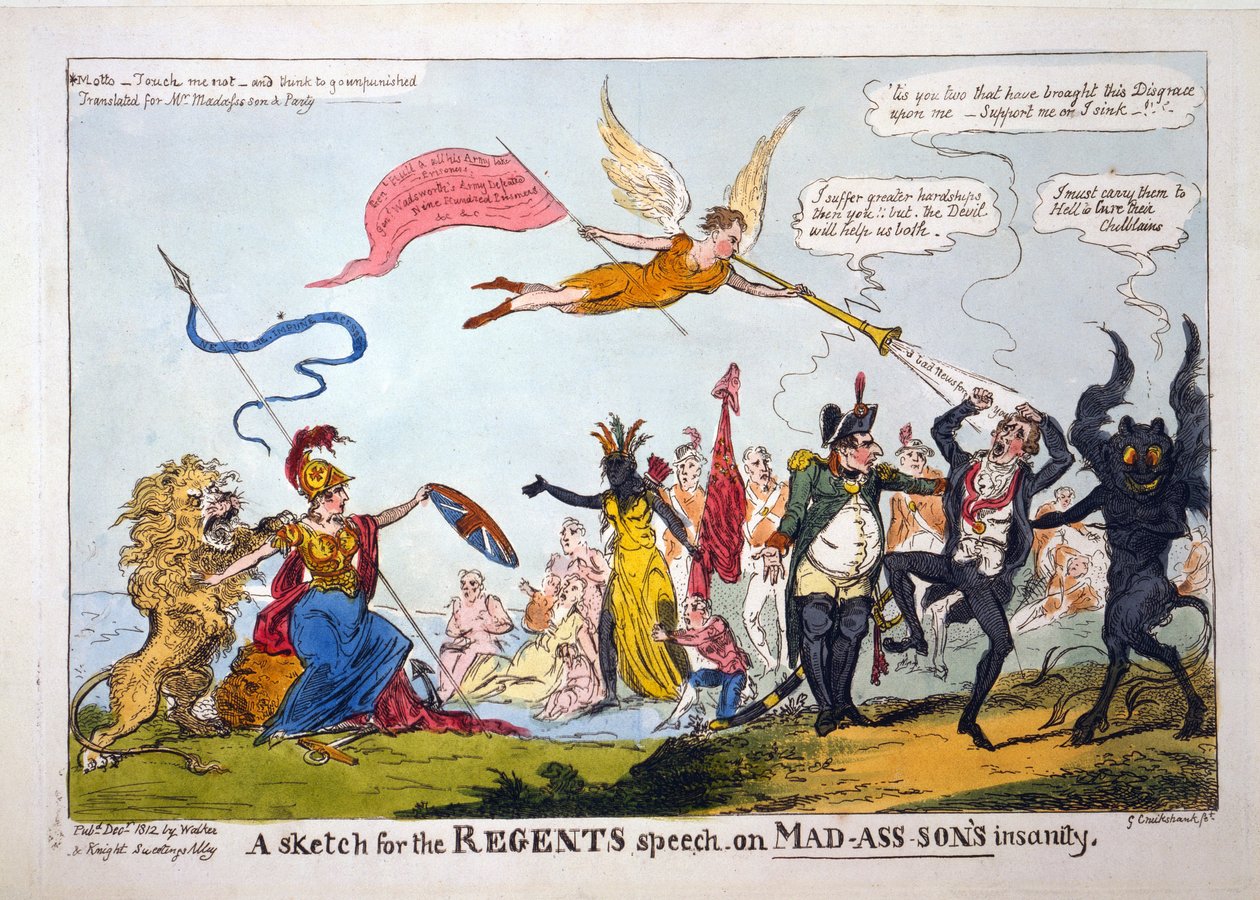 Szkic do przemówienia regentów o szaleństwie szalonego syna, wyd. 1812 (grawerowanie ręcznie kolorowane) autorstwa George Cruikshank