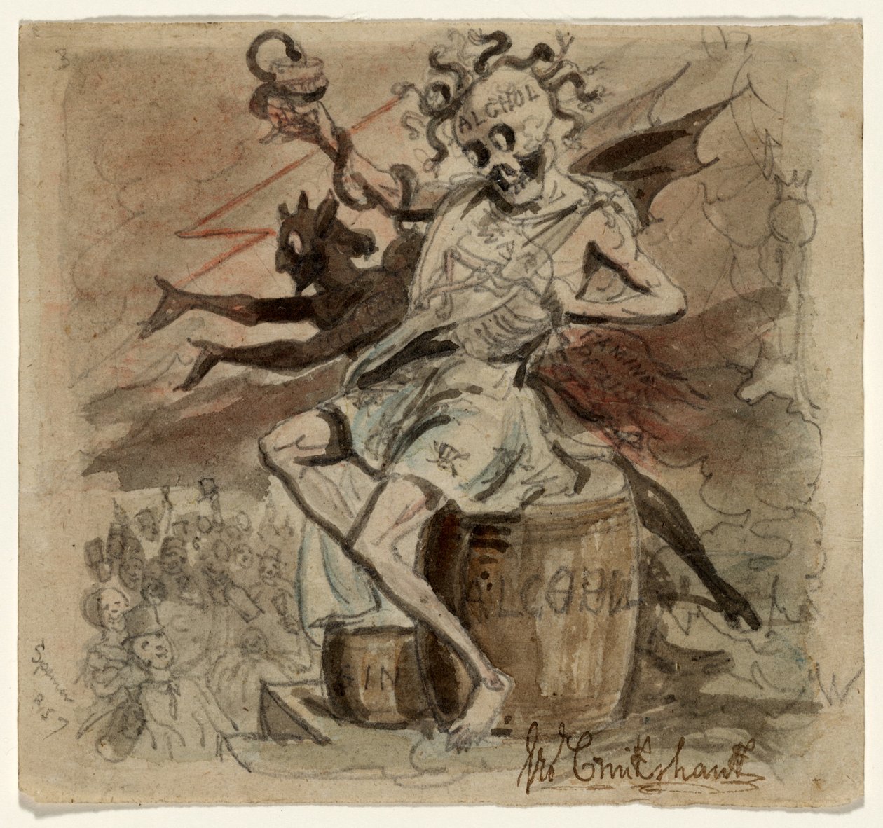 Alkohol, śmierć i diabeł, 1830 (wc na papierze) autorstwa George Cruikshank