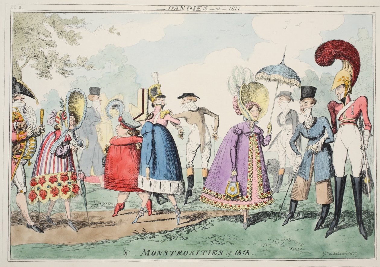 Dandies z 1817 i Potworności z 1818, wyd. 1835 (akwatinta ręcznie kolorowana) autorstwa George Cruikshank