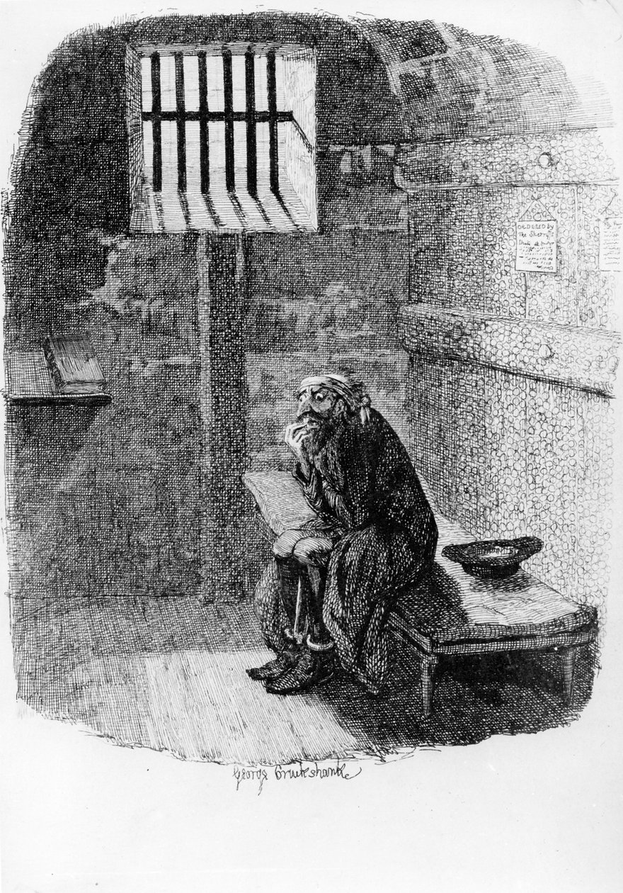 Fagin in the Condemned Cell, ilustracja z „Oliver Twist” Charlesa Dickensa, 1838 autorstwa George Cruikshank