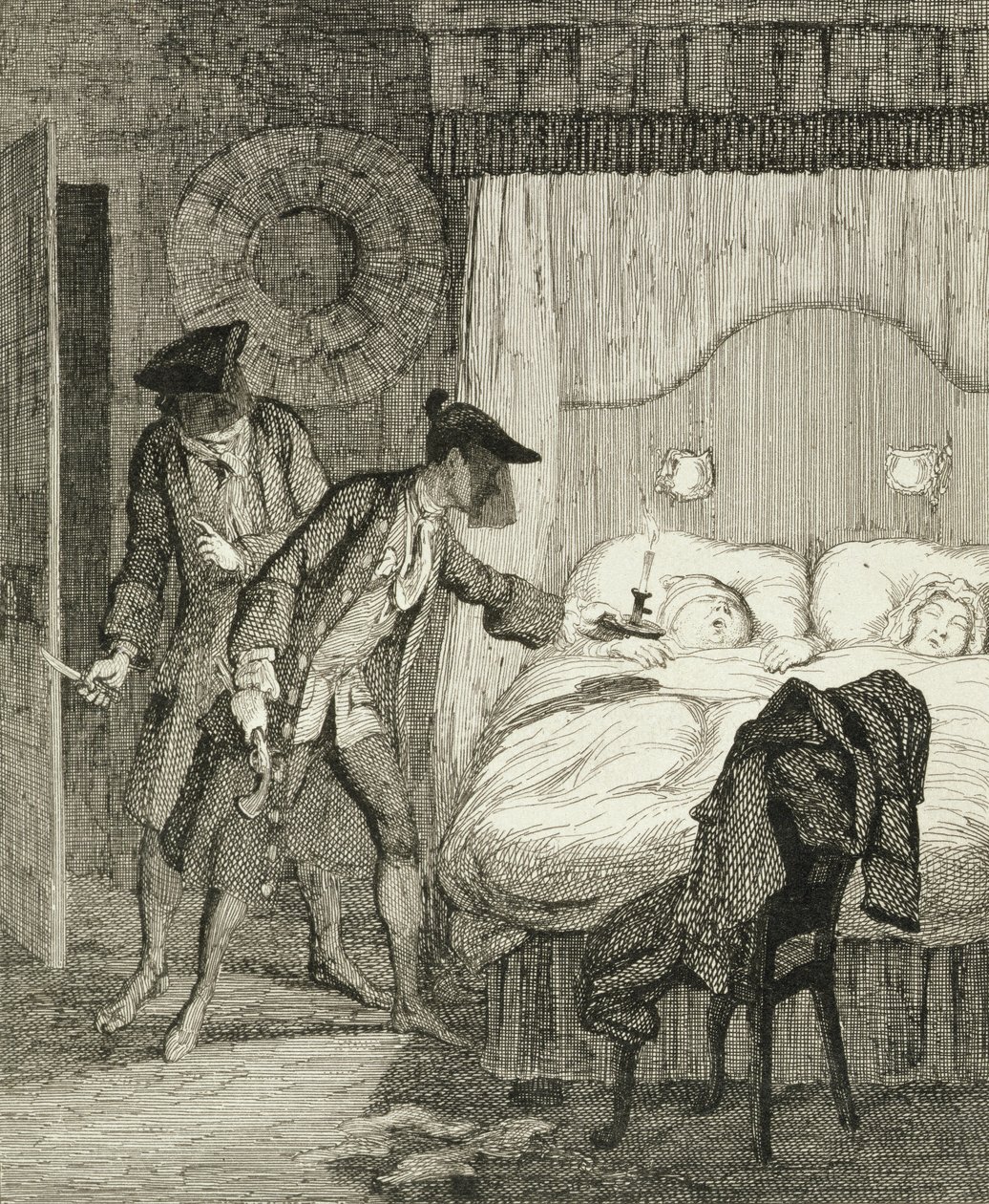 Jack i jego wspólnik Blueskin okradają pana Wooda i jego żonę w ich sypialni, ilustracja z "Jacka Shepparda: Romans" Williama Harrisona Ainswortha, wydanej w 1839 r. autorstwa George Cruikshank