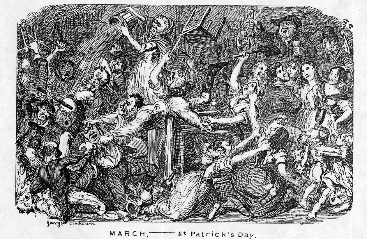 Marzec, - Dzień Świętego Patryka, z "The Comic Almanack", 1838 autorstwa George Cruikshank