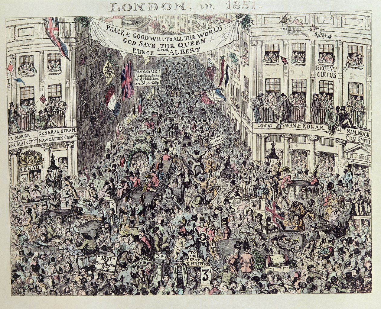 Wielka Wystawa Mayhewa, Londyn, 1851 (akwaforta kolorowa) autorstwa George Cruikshank