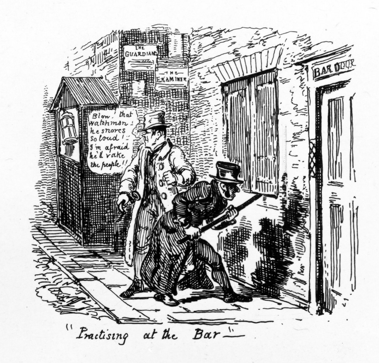 „Praktykowanie w adwokaturze”, 1828 autorstwa George Cruikshank